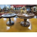 Two Turned Wood Pedestal Comports / Fruit Stands, 21cm and 22.5cm diameter. (2)