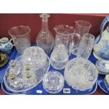 Four Small 'Sterling Silver' Collared Scent Bottles, cut glass powder bowls, etched decanter, vases,