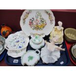 German China Ballerina, Coalport figurine 'Emily', Herend lidded jar, etc:- One Tray