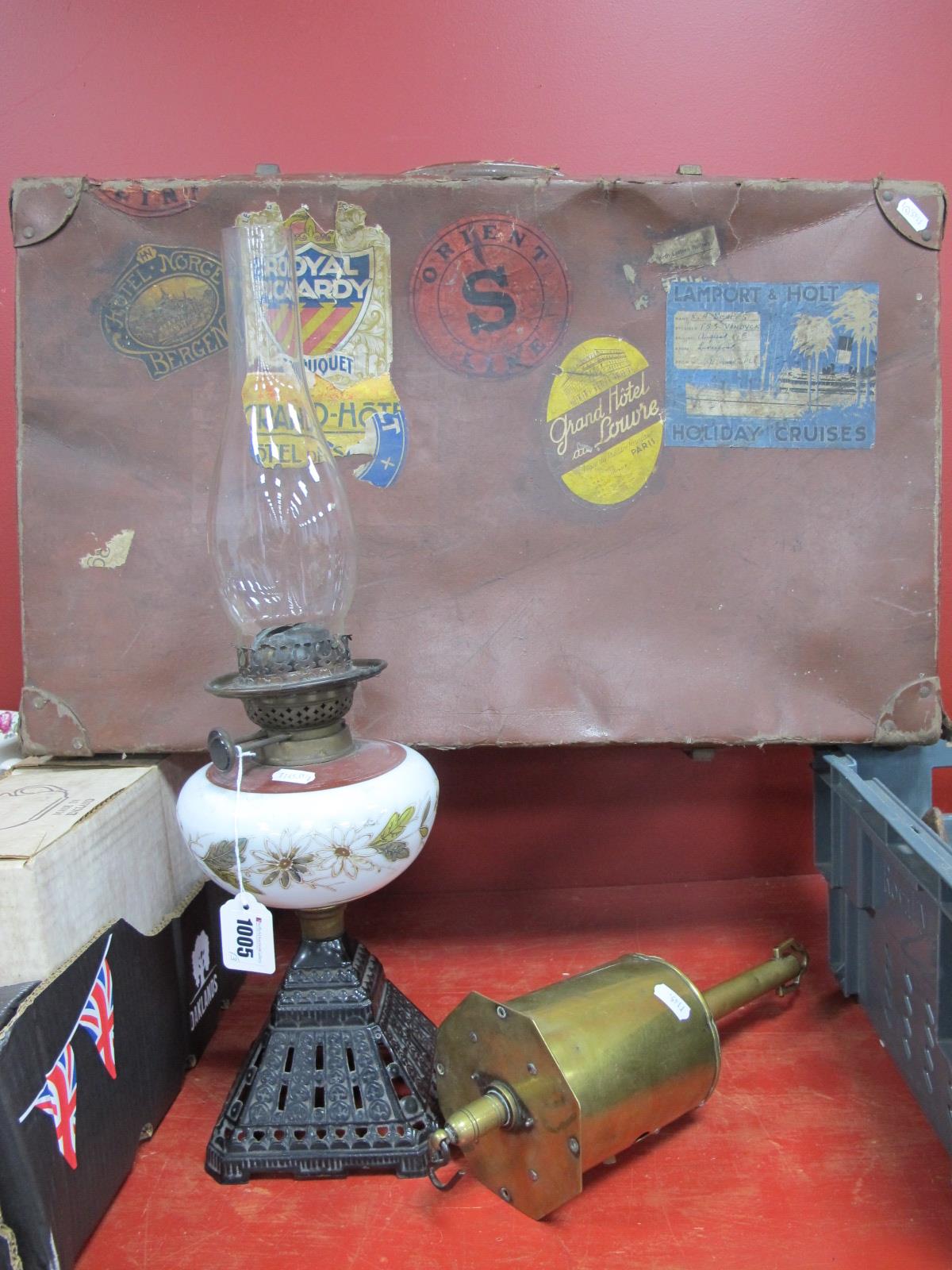 Salter Brass Spit Roast, oil lamp with iron base and painted glass well, suitcase by Kelvin. (3)