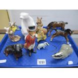 Royal Doulton Figure of Huntsman Fox, D6441, Beswick Dachshund, two Beswick foals (damaged), matt