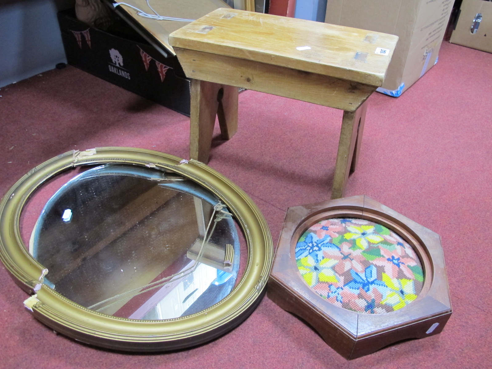 A Pine Stool, hexagonal stool with tapestry top, oval wall mirror. (3)