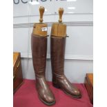 A Pair of Early XX Century Brown Leather Riding Boots (possibly WWI Military), woith wooden