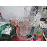 A Green Glass Fruit Bowl, having bubble inclusions Orrefors candlestick, other glassware:- One Tray