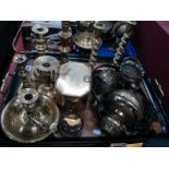 A Brass Hanging Oil Lamp, on iron frame, brass candlesticks, inkwell, etc:- One Tray