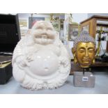 Pottery Buddah, 37cm high; another on block base. (2)