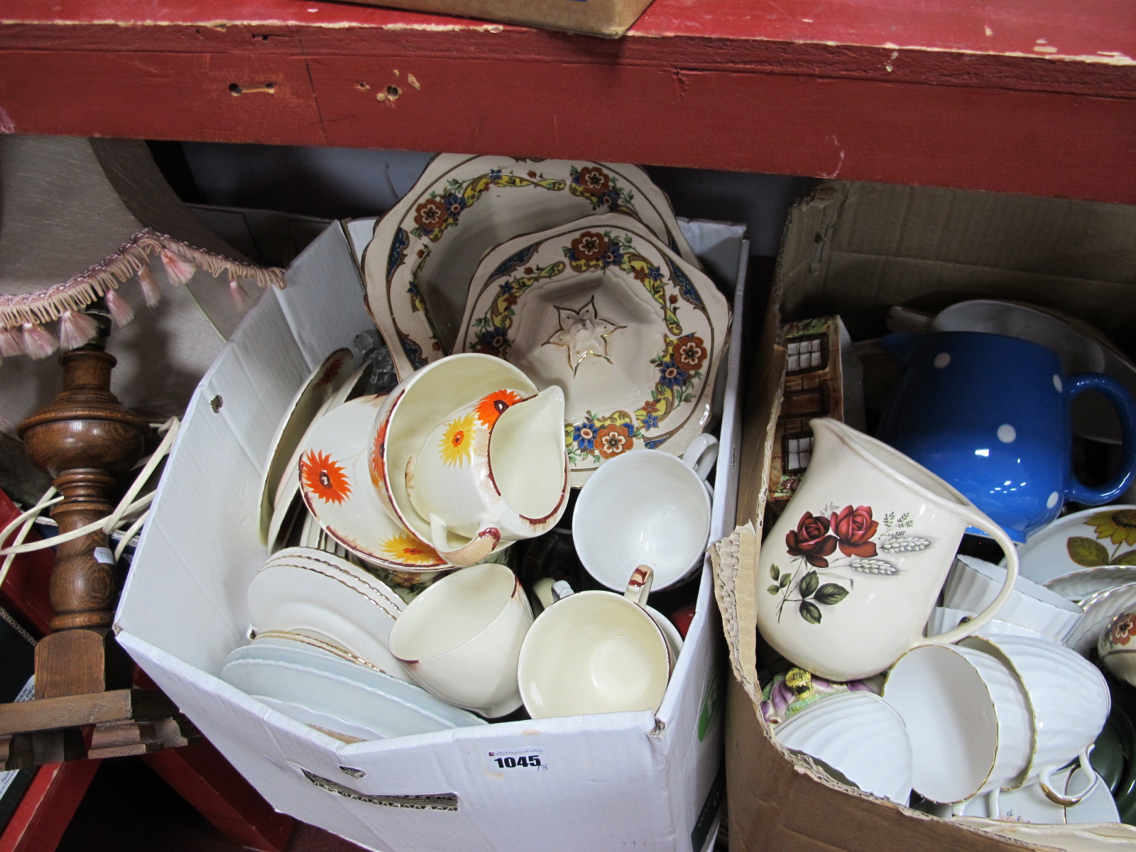 A Quantity of Ceramics, Scales and Weights, Oak Lamp, etc:- Three Boxes