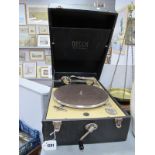 A Decca 50 Table Top Gramophone, with needle compartment, in case with winder.