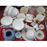 Coalport 'April' Cups and Saucers, commemorative ware, Wedgwood, etc:- One Tray