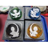 Baccarat Glass Cameo Paperweights, featuring Queen, Philip, Charles and Anne, each with presentation