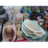 Crown Devon Art Deco Twin Branch Candlestick, streaked dish, vases, Govancraft pottery basket,
