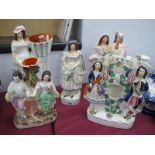 Staffordshire Pottery Figure Groups, including watch stand, maiden by wheat sheaf, 34cm high,
