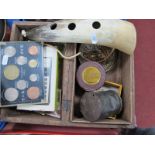 Coinage, Banknotes, Casio Calculator, Surveyors Measure, horn, etc in a wooden box