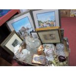 A Quantity of Prints, casserole pot, Staffordshire dogs, glassware, etc:- One Box