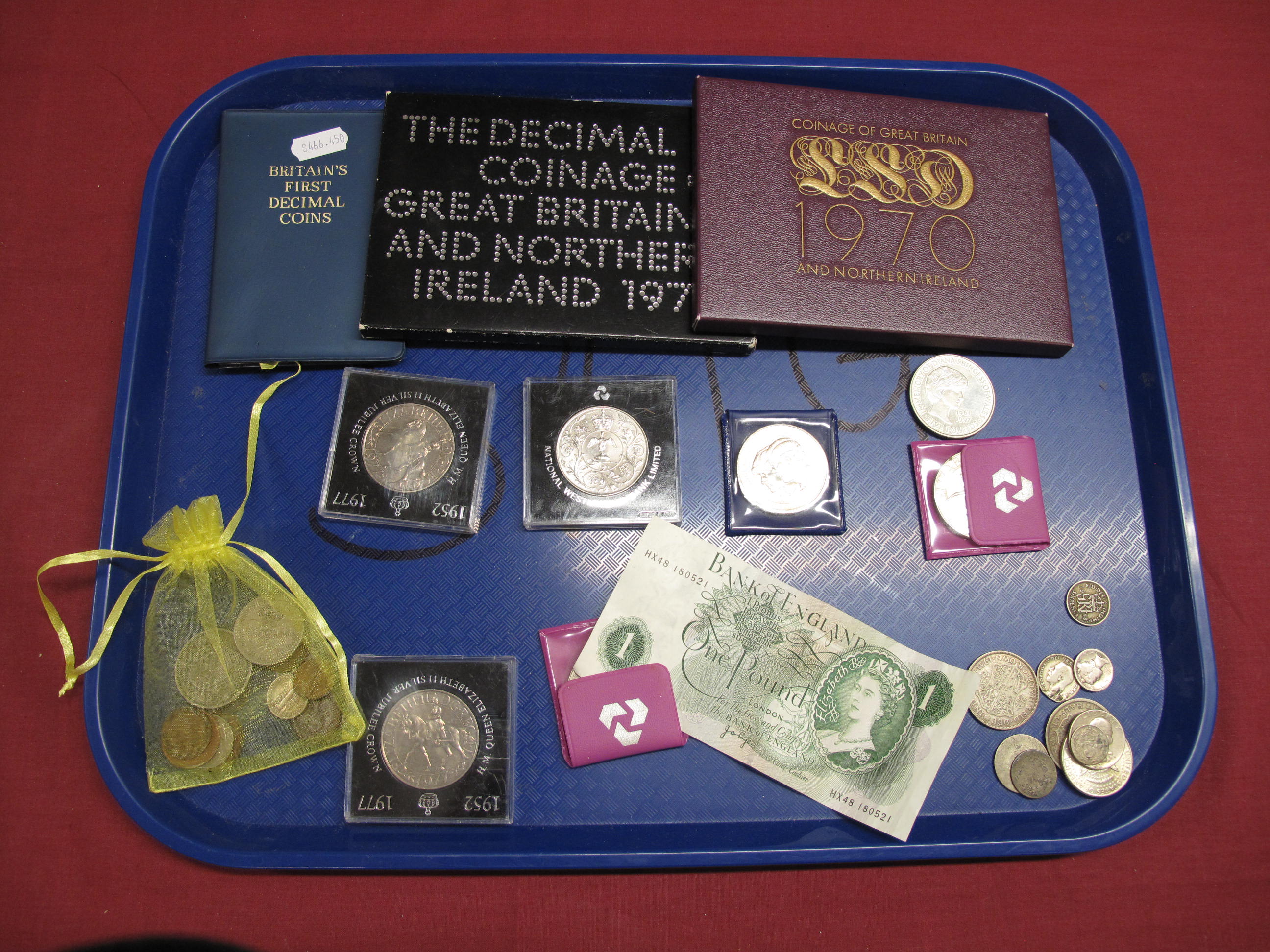 The Royal Mint G.B. Annual Coin Sets 1970, 1971 G.B. Commemorative Crowns, five pounds coin 1999