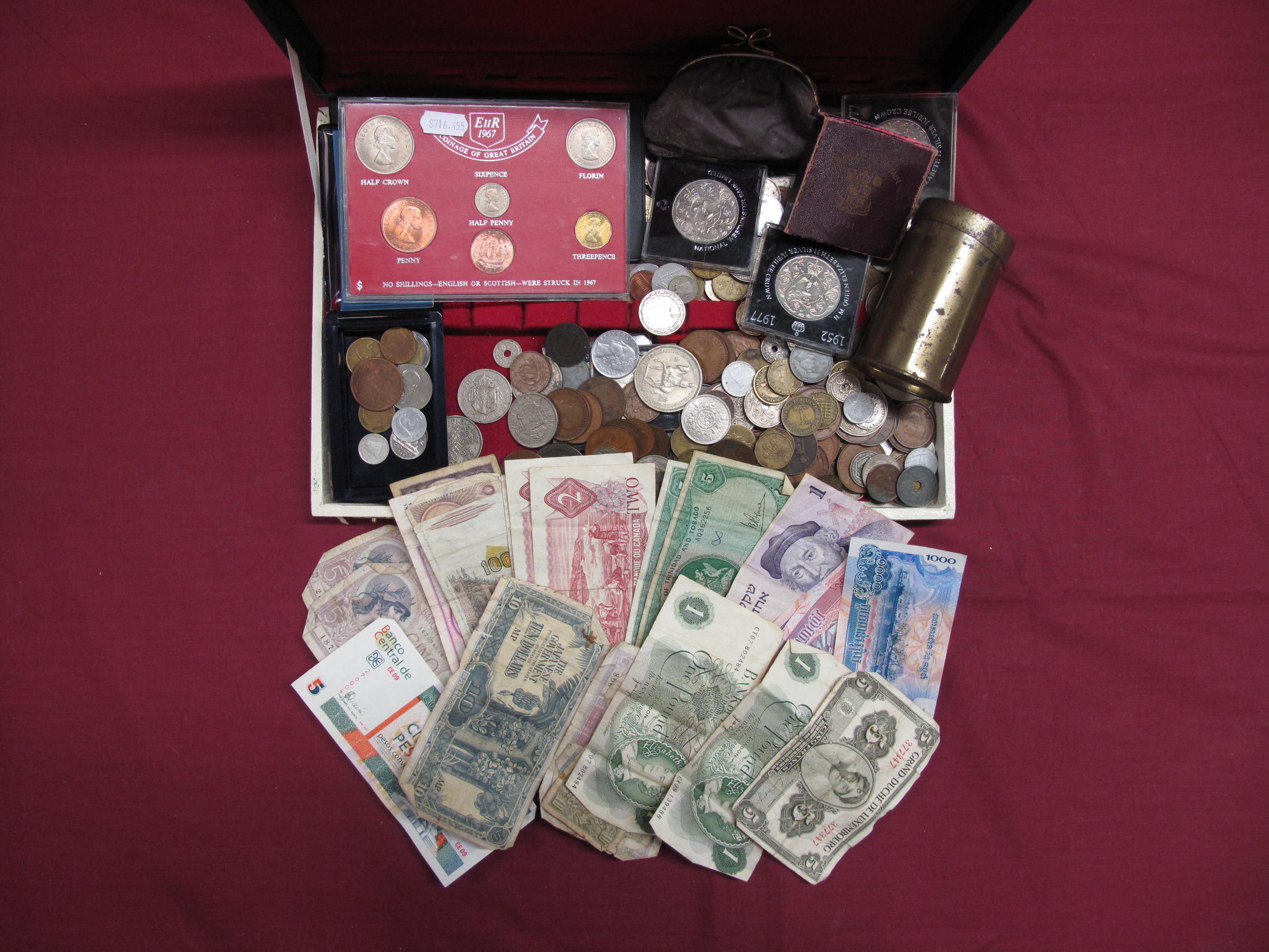 An Assorted Collection of G.B. and Overseas Coins and Banknotes, to include Hong Kong one cent 1919,