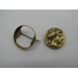 Calabria Tarentum Style Coin, electro type?, gilt coloured (5.0g), together with brooch/pin mount.