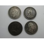 William IV Shilling 1837, George IV shilling 1826, Queen Victoria shilling 1887, George III farthing