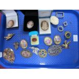 A Collection of Assorted Costume Brooches, including oval shell carved cameo, Limoges ceramic panel,