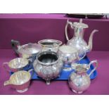 A Decorative Plated Three Piece Tea Set, together with another plated set, large twin handled