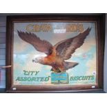 An Early XX Century Card Advertising Sign for Crawfords Biscuits, depicting an eagle, framed 52cm