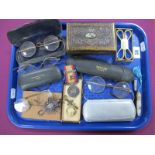 Spectacles, pince-nez, cases, Arts & Crafts style trinket box, sleeve bands, cheroot holder,