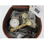 A Hallmarked Silver Cased Ladies Fob Watch, (converted to a wristwatch) the gilt highlighted white