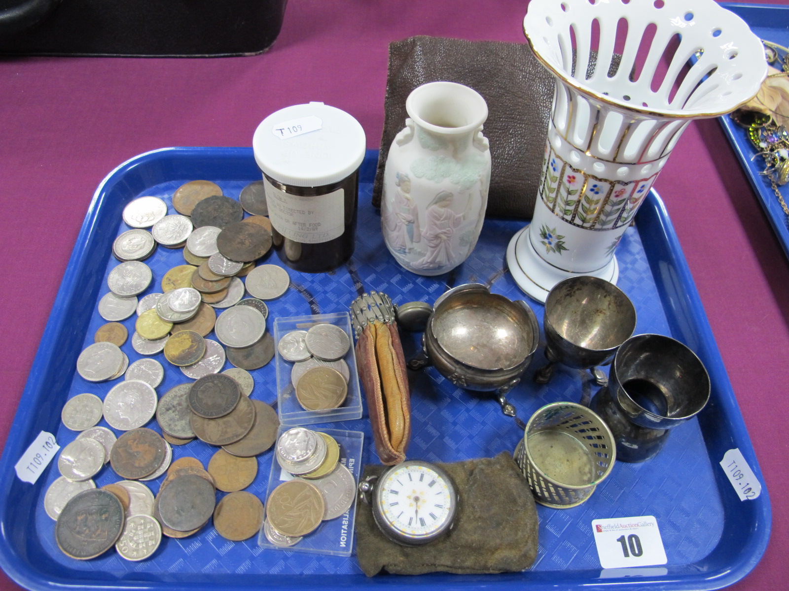 Assorted Coins, a XIX Century Ladies fob watch; case stamped "0.935"; Lladro geisha design vase,