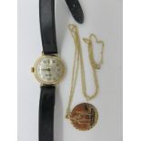 A 9ct Gold Cased Ladies Wristwatch, the Lejon signed dial with Arabic numerals, on a strap; a 9ct