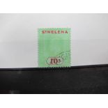 A St Helena 1908 SG to 10 Shilling Fine Used, with part registered, post mark, slightly washed,