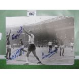 England 1966 Autographs, Hunt, Hurst and Peters, blue marker signed, (unverified) on a black and