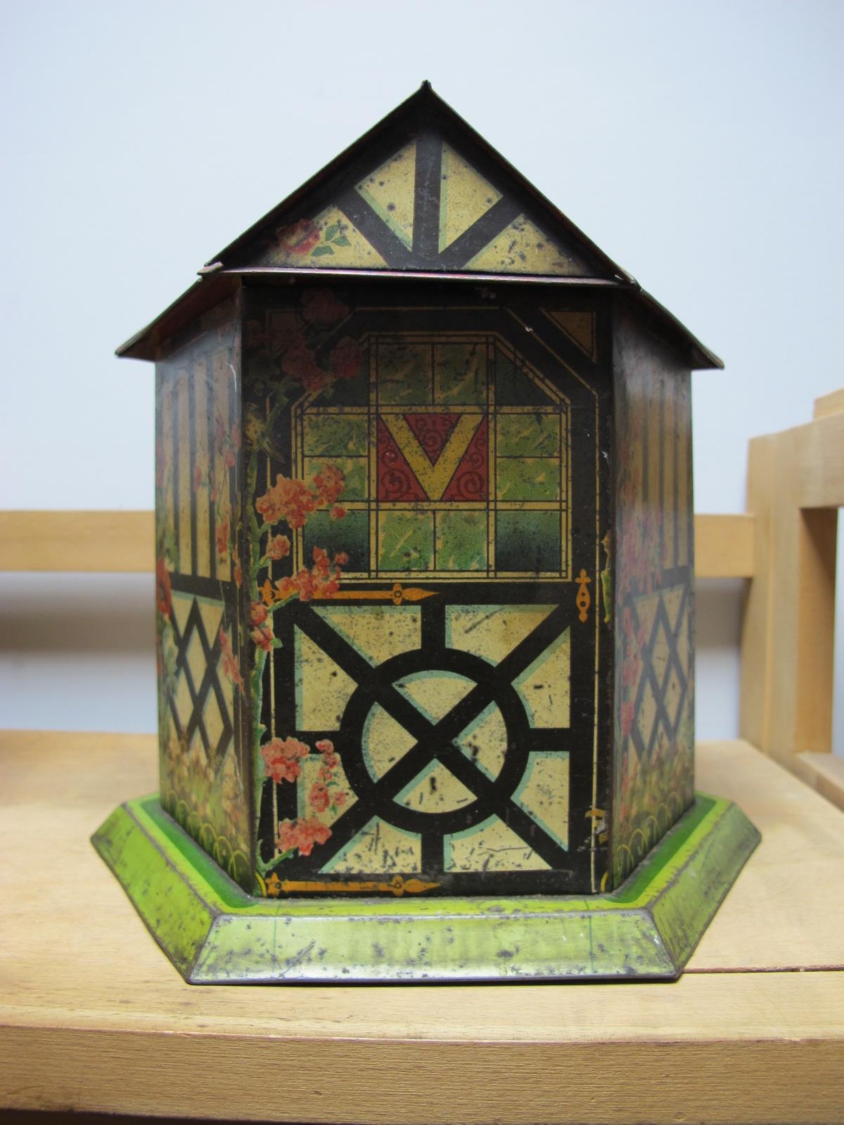 An Original 'Victory Linseed Liquorice Lodge' Tin, in the form of A Garden Summerhouse, original