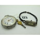 A Continental Cased Ladies Fob Watch, the decorative gilt highlighted dial with black Roman