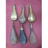 Six XIX Century Shot and Powder Flasks, made up of four undecorated powder flasks, and two more by