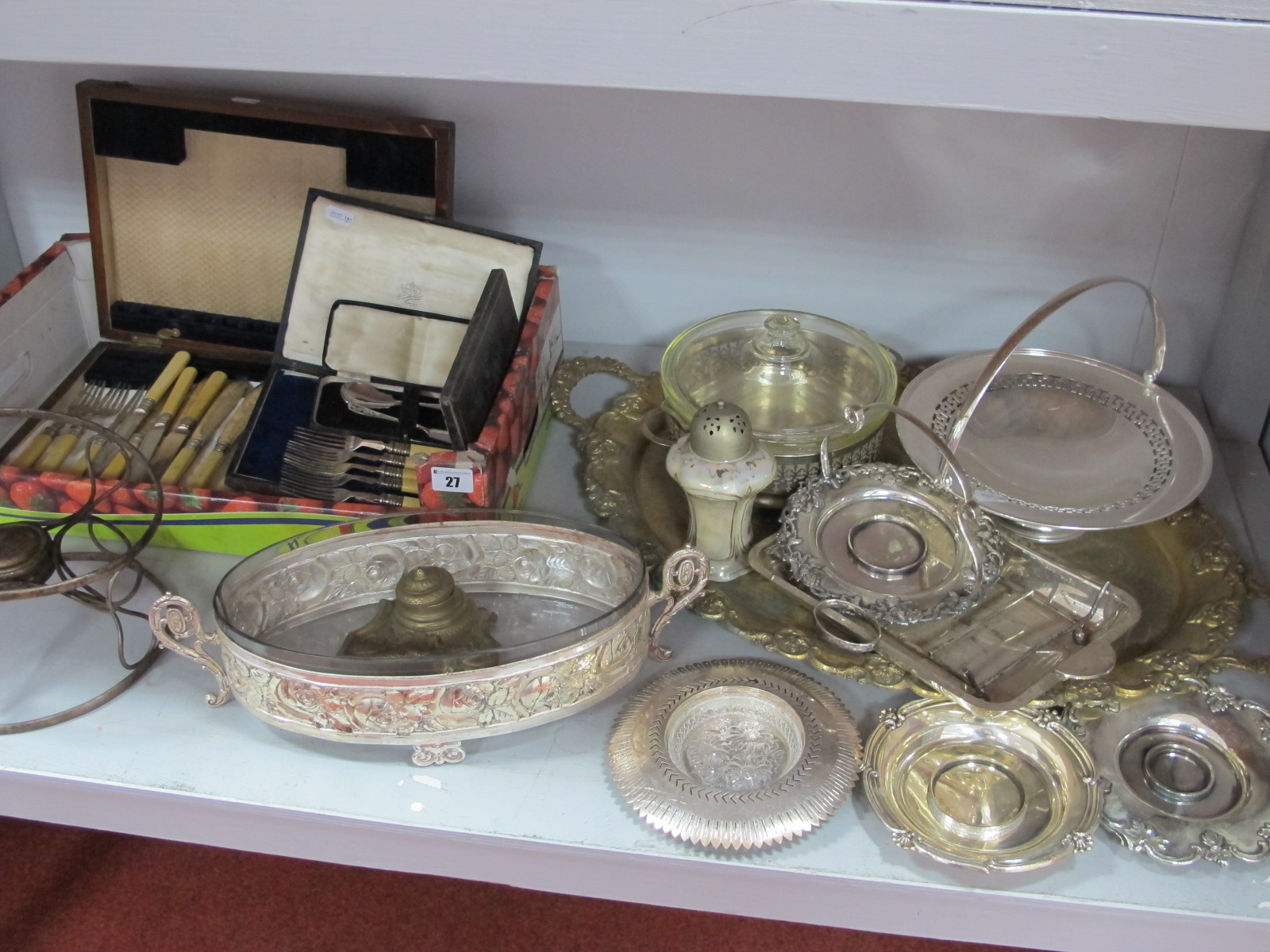 Assorted Plated Ware, including large gilt twin handled tray, asparagus dish, swing handled dish,