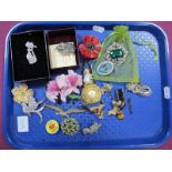 Assorted Costume Brooches, including "Past Times" "Doves" brooch (stamped "925") etc:- One Tray