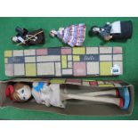 A Mid XX Century Fashion Doll, boxed 43cm high, plus three peg dolls with porcelain heads.