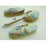 A Highly Decorative Enamel Backed Three Piece Brush Set, each detailed with river scape scene,