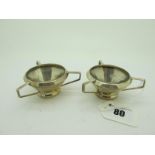 A Stylish Pair of Hallmarked Silver Three Handled Salts, J&C, Birmingham 1915, of plain geometric