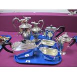 An Art Deco Plated Three Piece Tea Set, plated ewers, etc:- One Tray