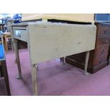 Stripped Oak Drop Leaf Table, having porcelain handle to single drawer, on turned legs and pad feet,