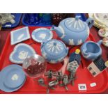 Wedgwood Blue Jasperware Three Piece Tea Service, pin trays etc, two Bols blue Delft houses, glass