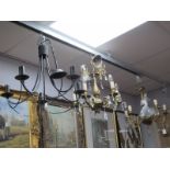 Two Gilt Frames Five Branch Chandeliers, having lustre drops; a modern example. (3)
