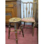 XIX Century Boston Stool, Edwardian beech single chair with floral inlay to rail back. (2)