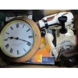 A Pine Cased Wall Clock, cream anvil telephone, Betacom example as a golf bag, Ilford camera:- One