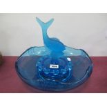 An Art Deco Blue Glass Table Centre Flower Bowl, with leaping fish inset into flower holder, 29cm