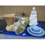 Royal Worcester 'Mothering Sunday' Figurine, Wedgwood Jasperware, Sadler teapot, etc:- One Tray