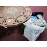 Crocheted and Embroidered Linens, large navy tablecloth etc:- One Box and a carved wooden folding
