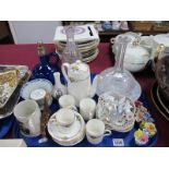 Bristol Blue Glass Decanter, two others, Chelsea coffee ware, Dresden dishes, etc:- One Tray