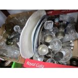 Water Jug, glassware, ships decanter, plated goblets:- Two Boxes